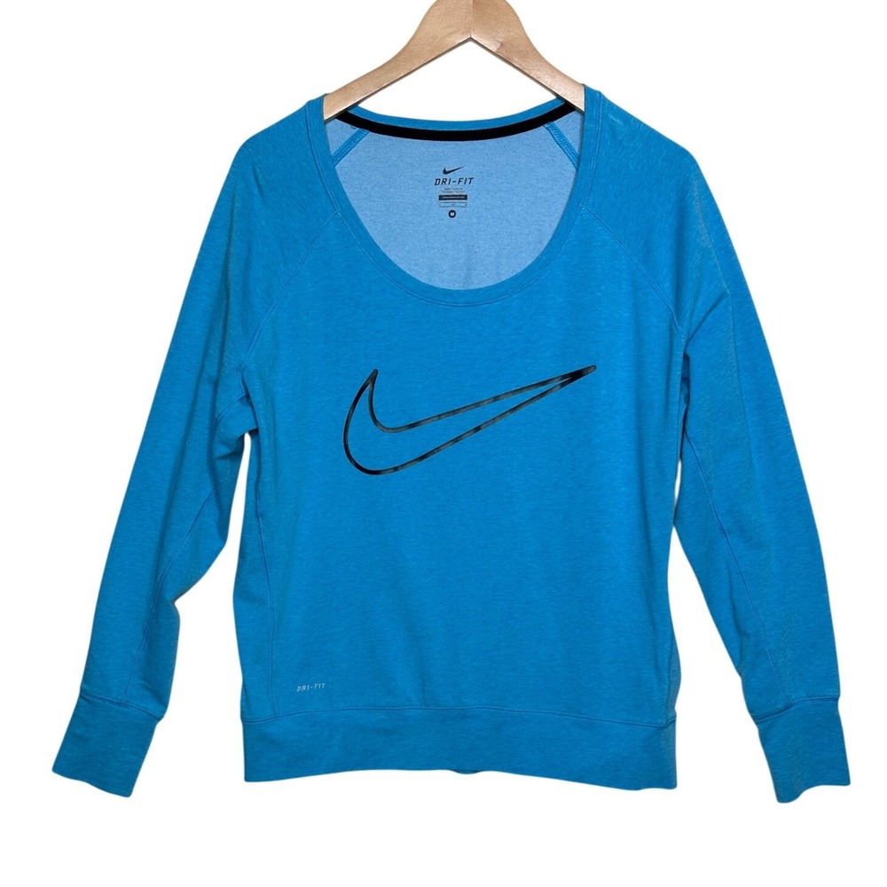 Nike Dri Fit Women's Wide Scoop Neckline Swoosh Sweatshirt size Large Blue